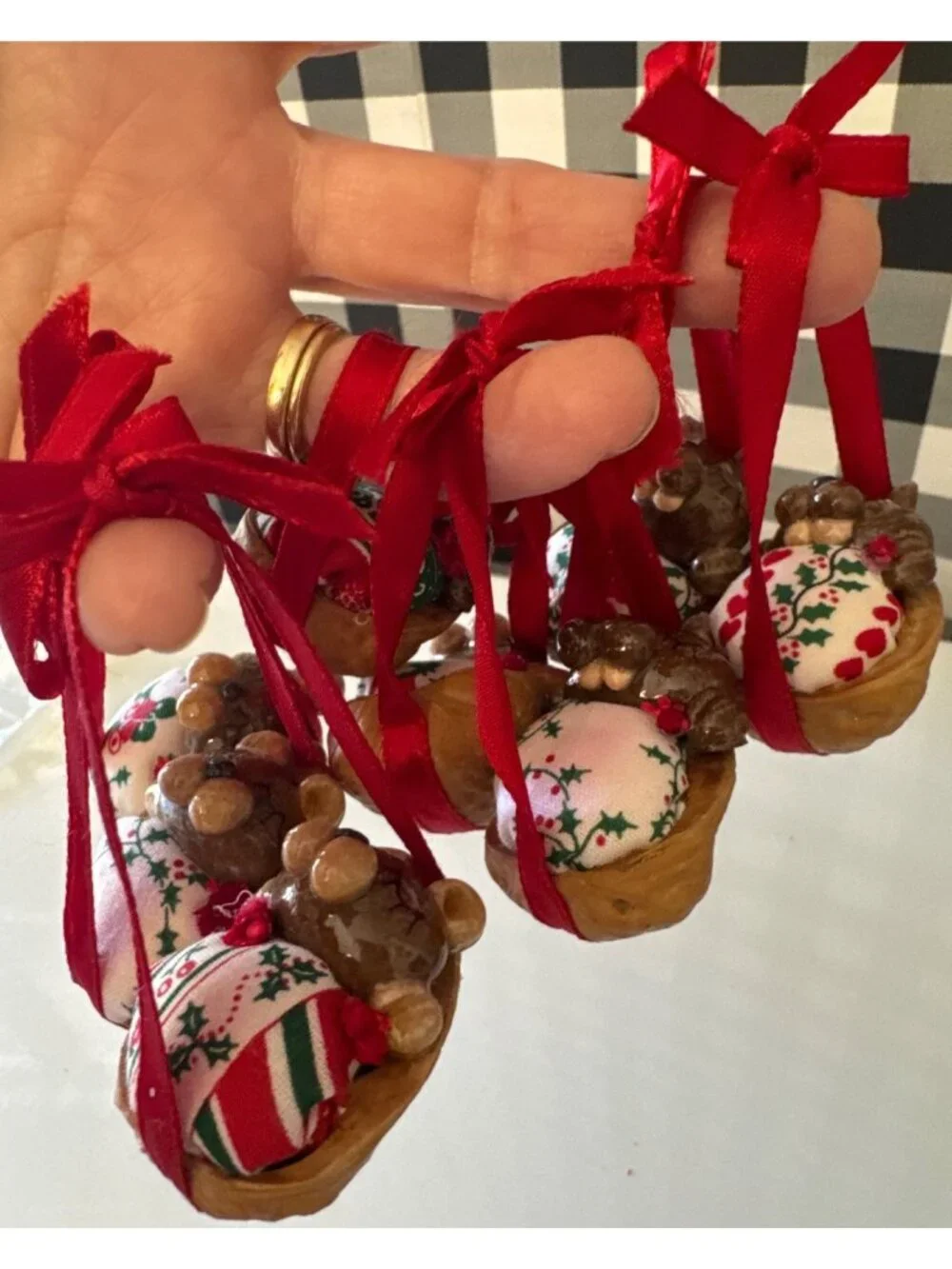 Handmade Christmas Bear Ornaments In Walnut Shells With Red Ribbons -‎ Set Of 8